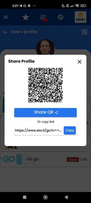 shows QR code for users profile and hyperlink sharing option