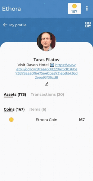 showing User Profile, Transactions, NFT Item provenance and details screens