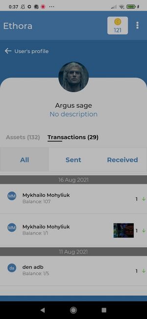 Transactions screen showing NFT transfer
