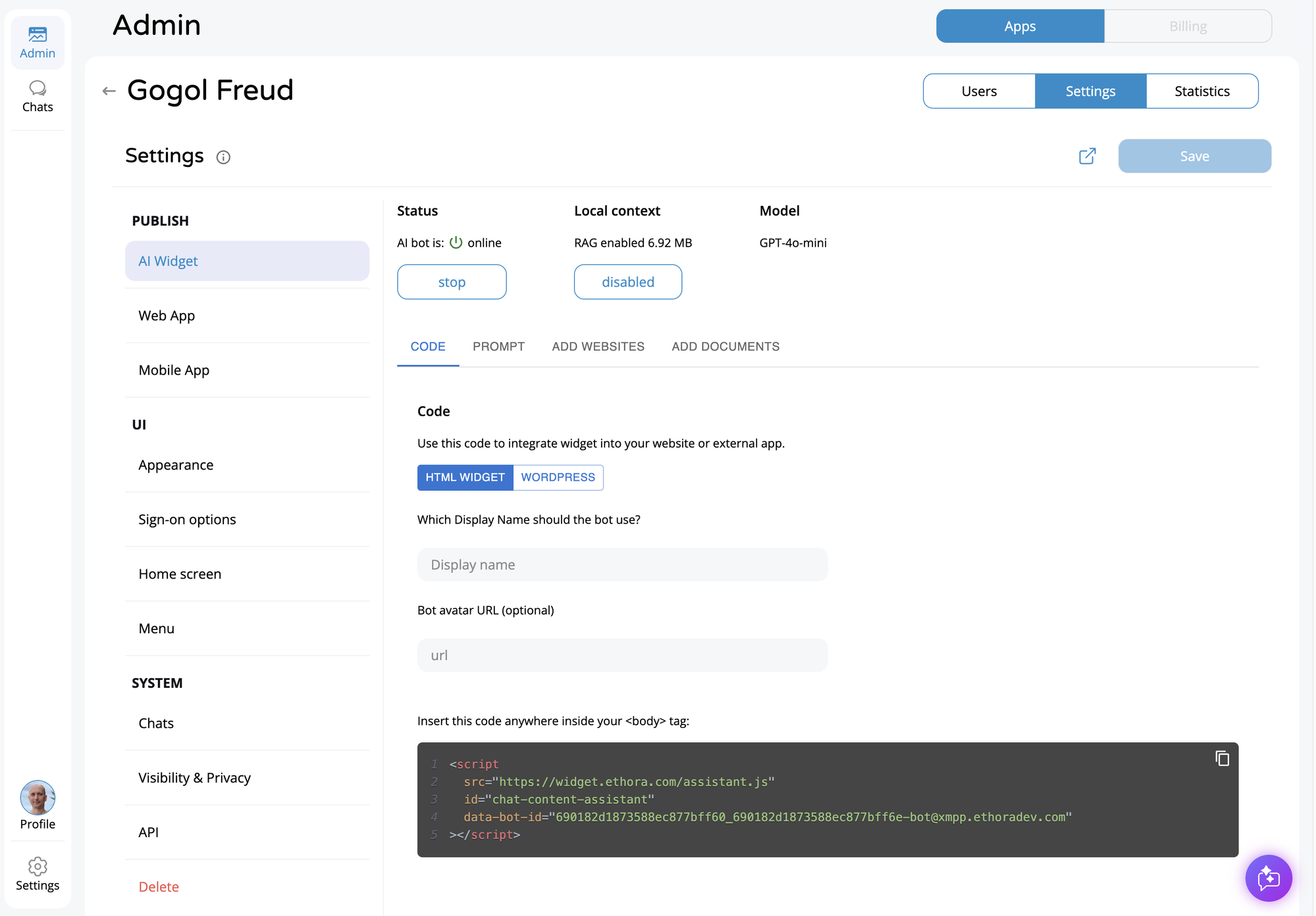Ethora admin panel CODE tab — copy the embed script with your bot ID, set display name and avatar