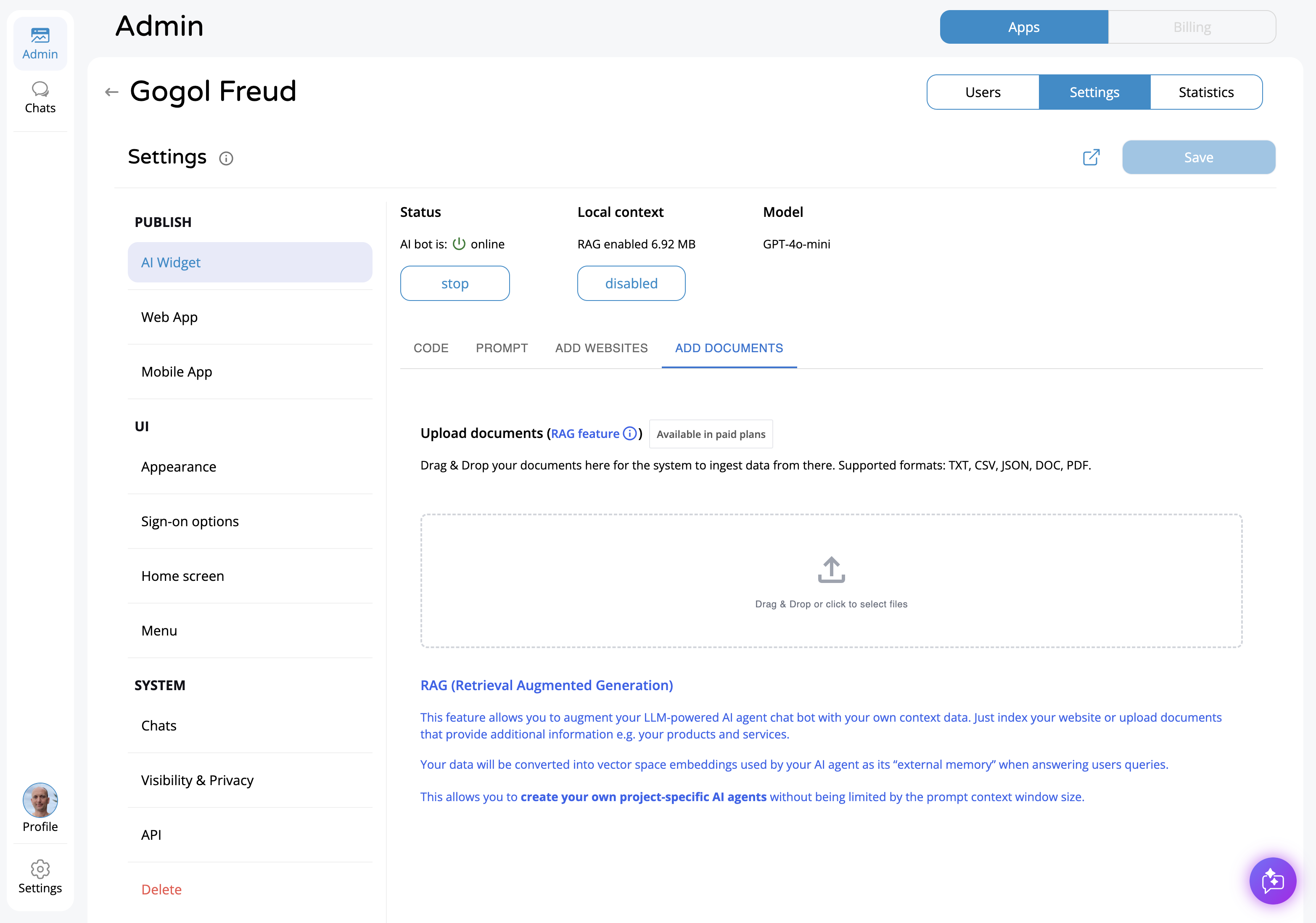 Ethora admin panel ADD DOCUMENTS tab — upload PDFs, CSVs, and other files for RAG knowledge base