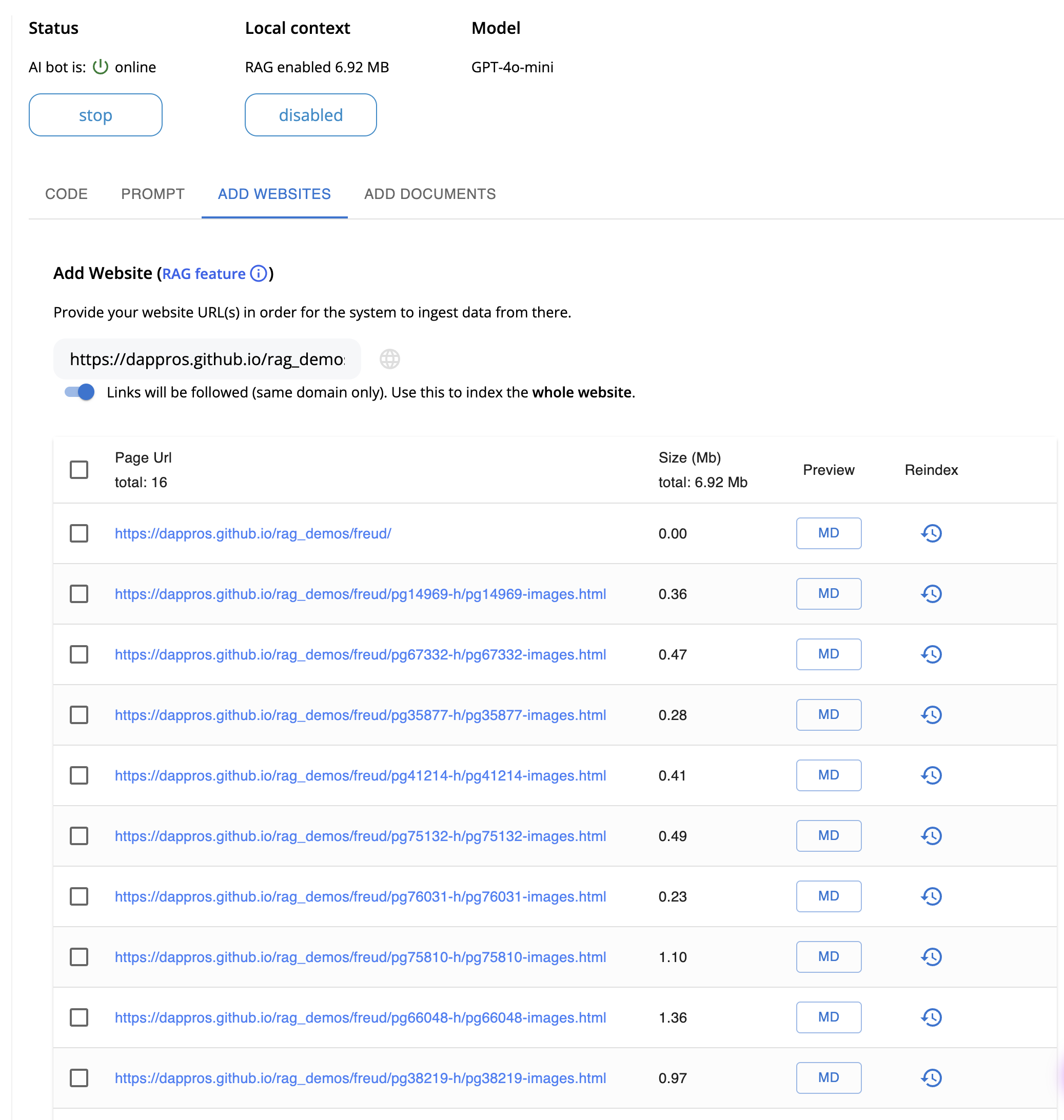 Ethora admin panel ADD WEBSITES tab — crawl your website to build RAG context, 16 pages indexed totalling 6.92 MB