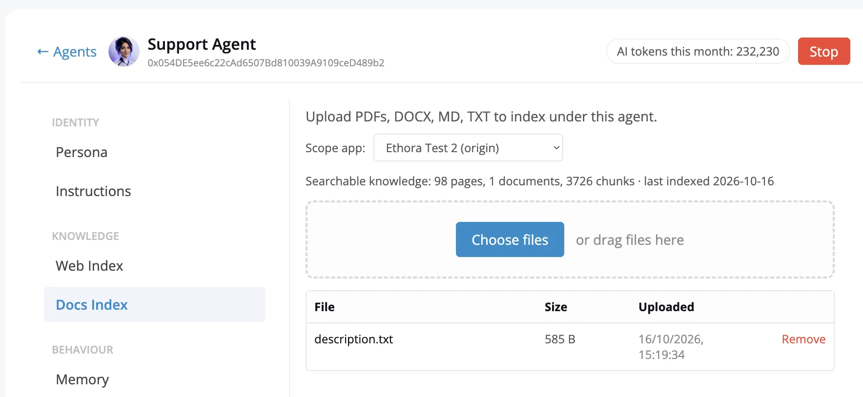 Ethora AI agent Docs Index: upload PDF, DOCX, Markdown and text files to the agent's knowledge base