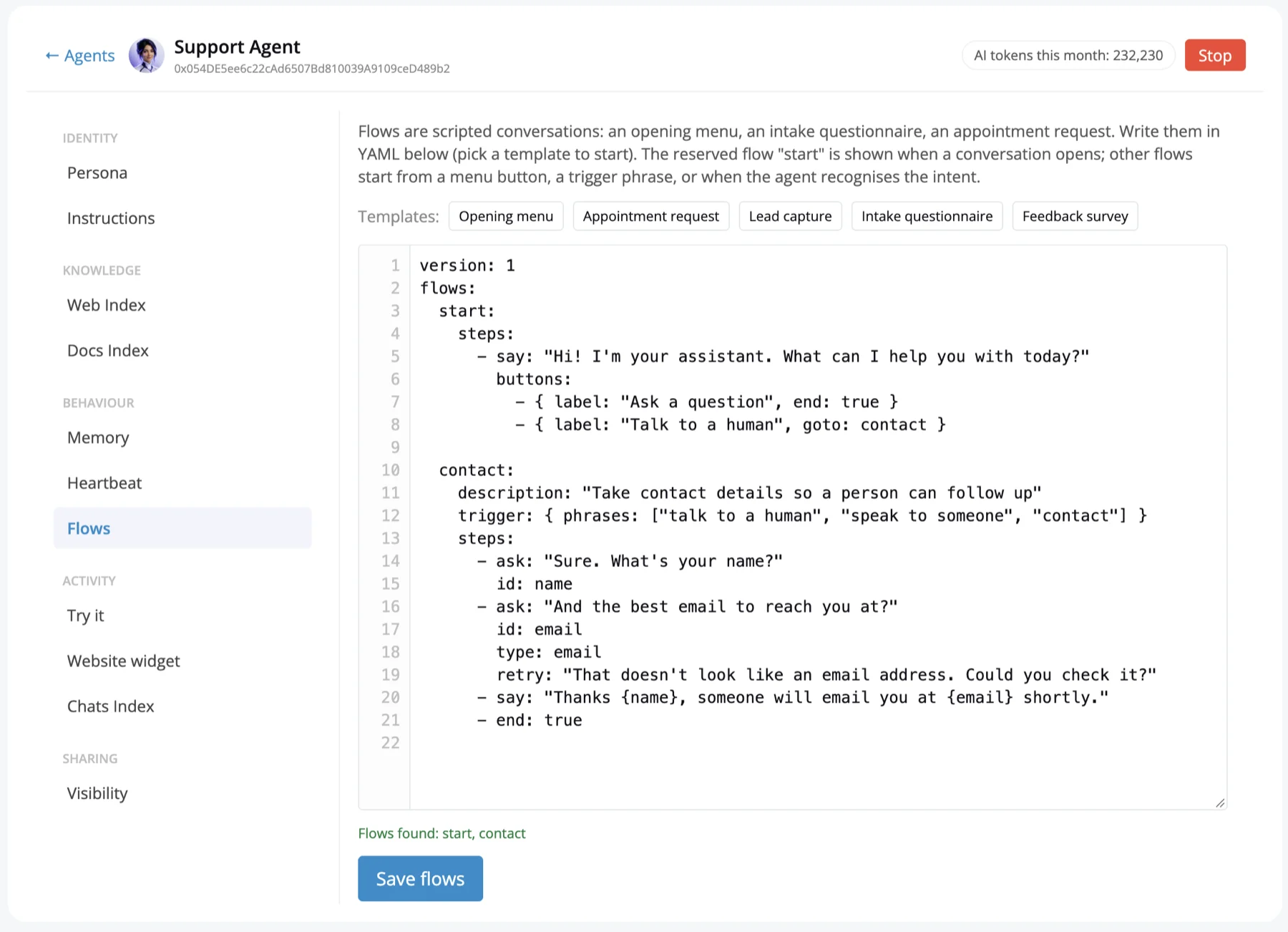 Ethora AI agent Flows editor: YAML flows with templates for an opening menu, appointment request, lead capture, intake questionnaire and feedback survey