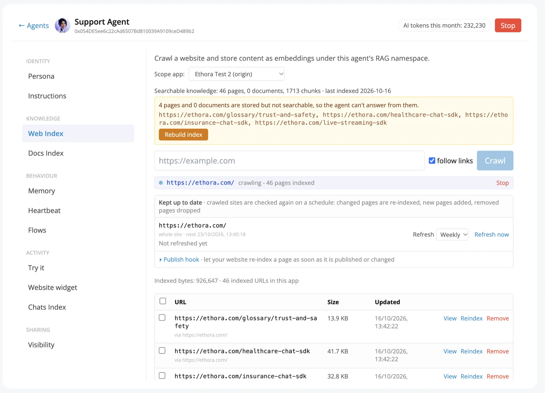 Ethora AI agent Web Index: crawl a website into the agent's RAG knowledge, weekly refresh schedule, publish hook and per-page reindex