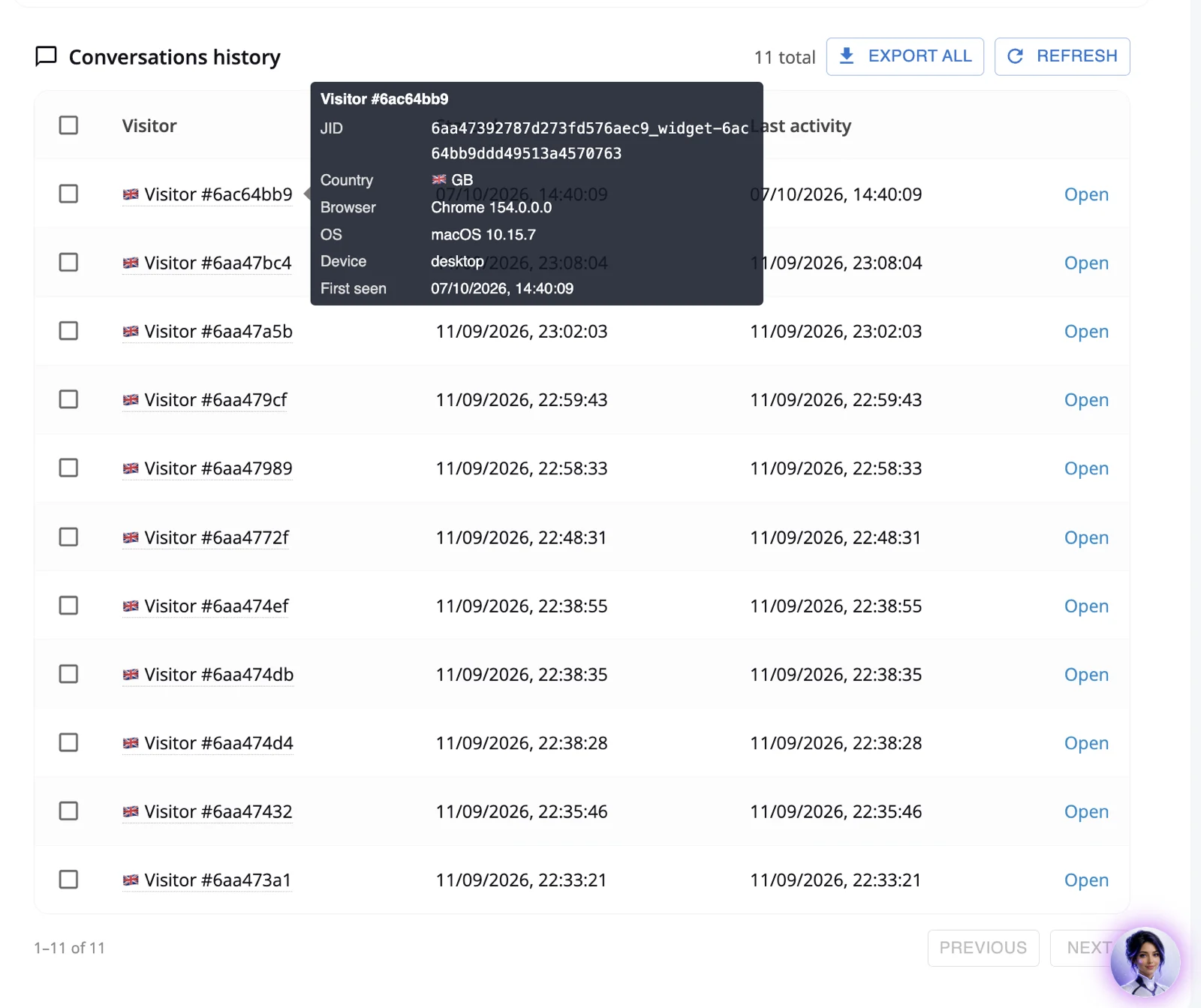 Ethora AI widget Conversations history: list of visitor chats with country flag, start time and last activity, visitor details on hover and Export all