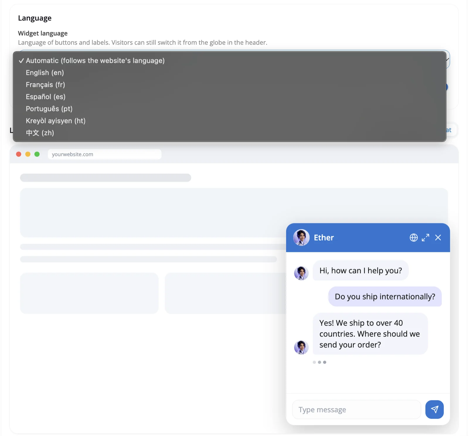 Ethora AI widget language setting: automatic or English, French, Spanish, Portuguese, Haitian Creole or Chinese, with a live widget preview