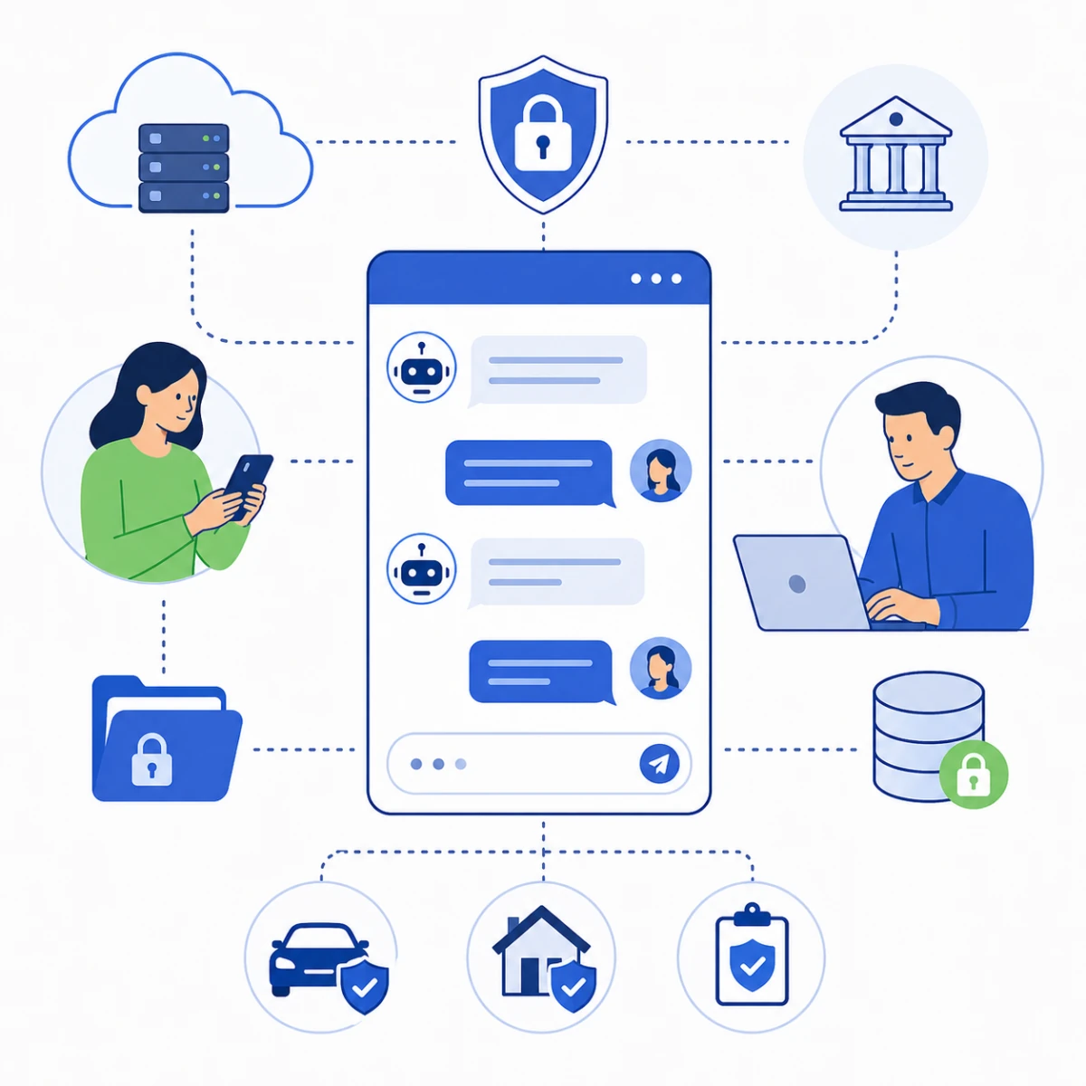 Insurance chatbot connecting policyholders, agents, and an AI assistant over a secure chat