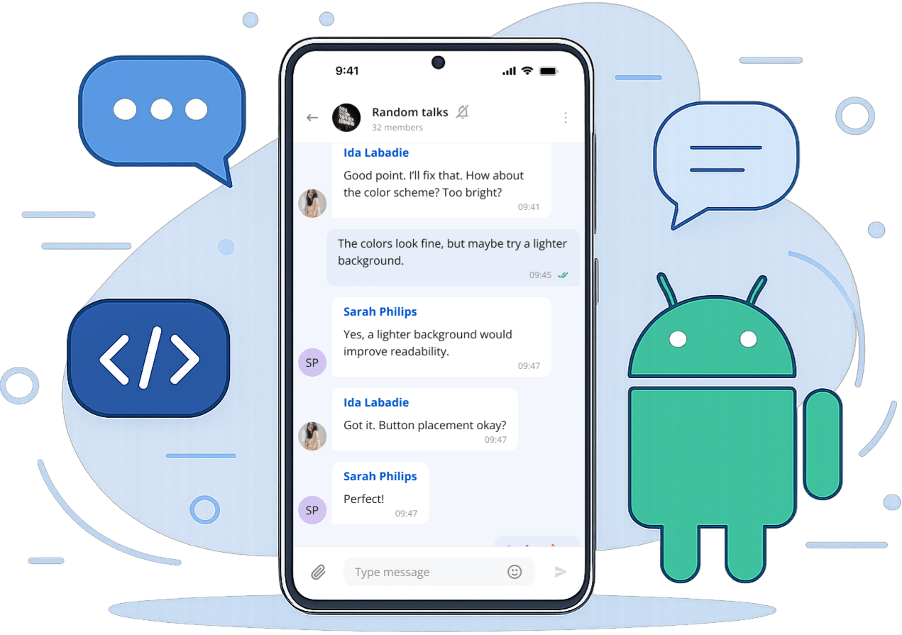 Ethora Android chat SDK running on phone screens