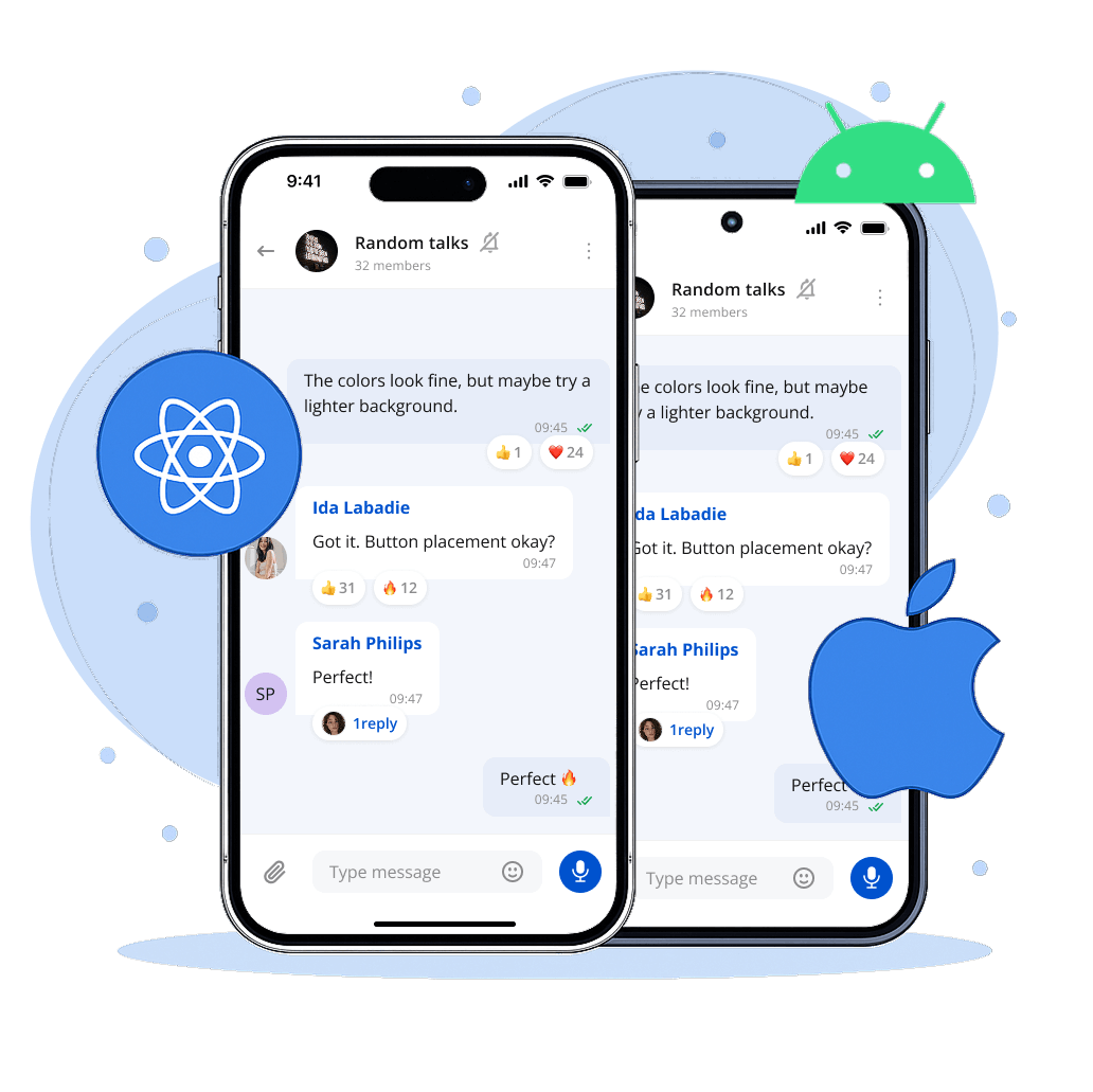Ethora React Native chat SDK running on iOS and Android