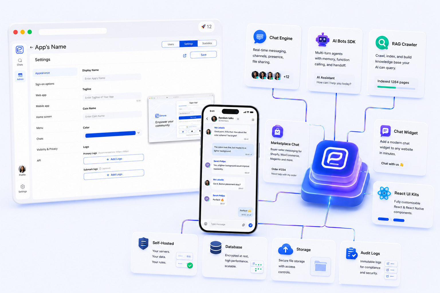 Ethora chat and AI bot UI on mobile and web — the self-hosted TalkJS alternative
