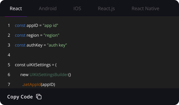 Ethora SDK source code in an editor with a copy-code action