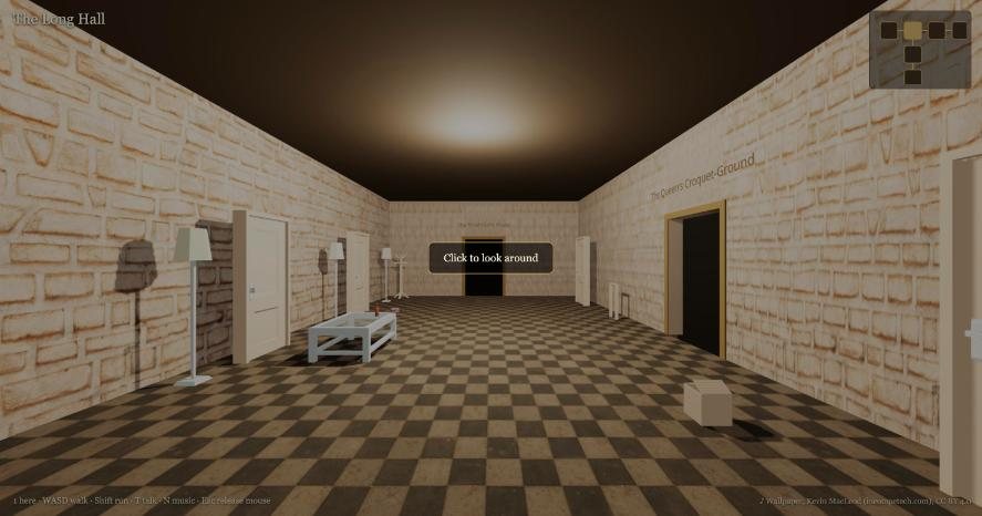 A generated 3D room: the Long Hall from Alice in Wonderland with a checkered floor, lamps, a glass table and three doorways labelled with the rooms they lead to