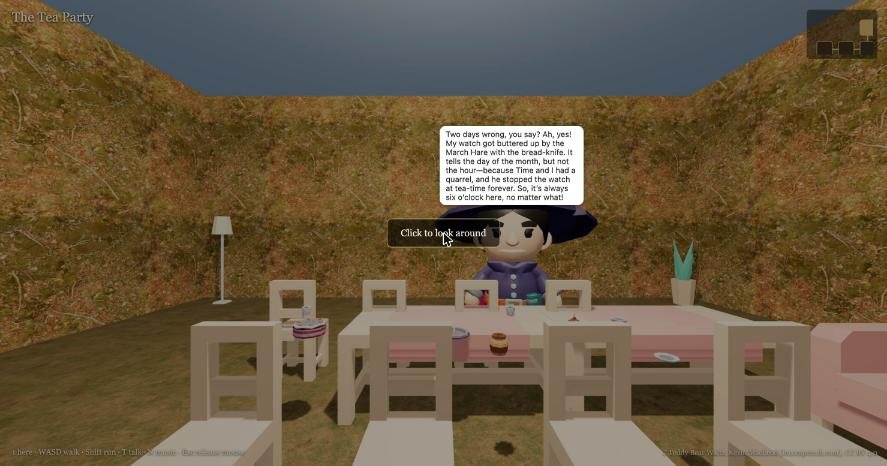 The Hatter character at a 3D tea party table turning towards the visitor, with a speech bubble answering a question about his watch from the text of the book