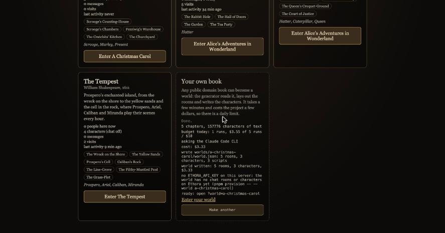 The join screen with world cards for A Christmas Carol, Alice in Wonderland and The Tempest, and a Your own book form showing the generator log after making a world
