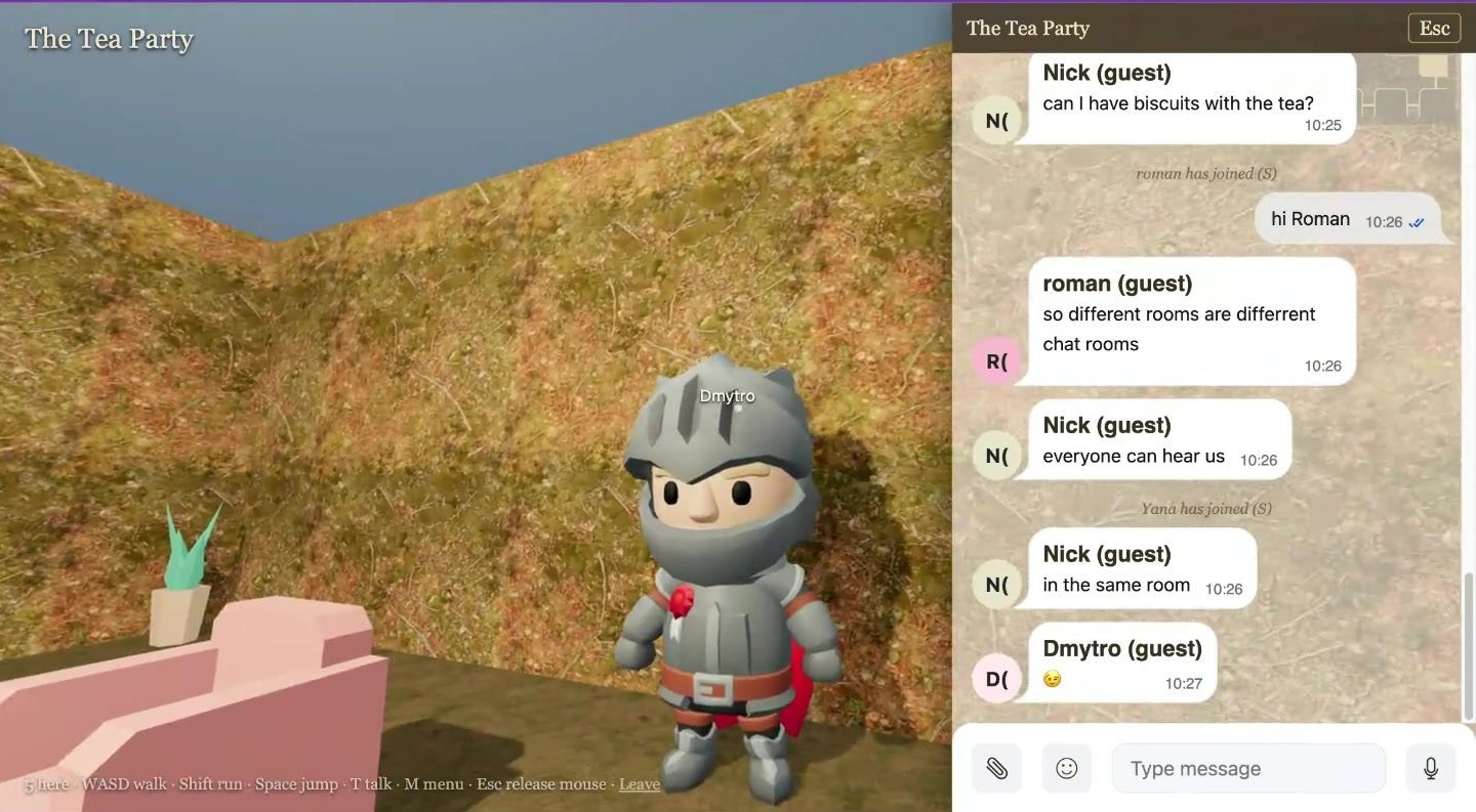 A knight avatar named Dmytro in the 3D tea party room, with five team members chatting in the Ethora chat panel on the right