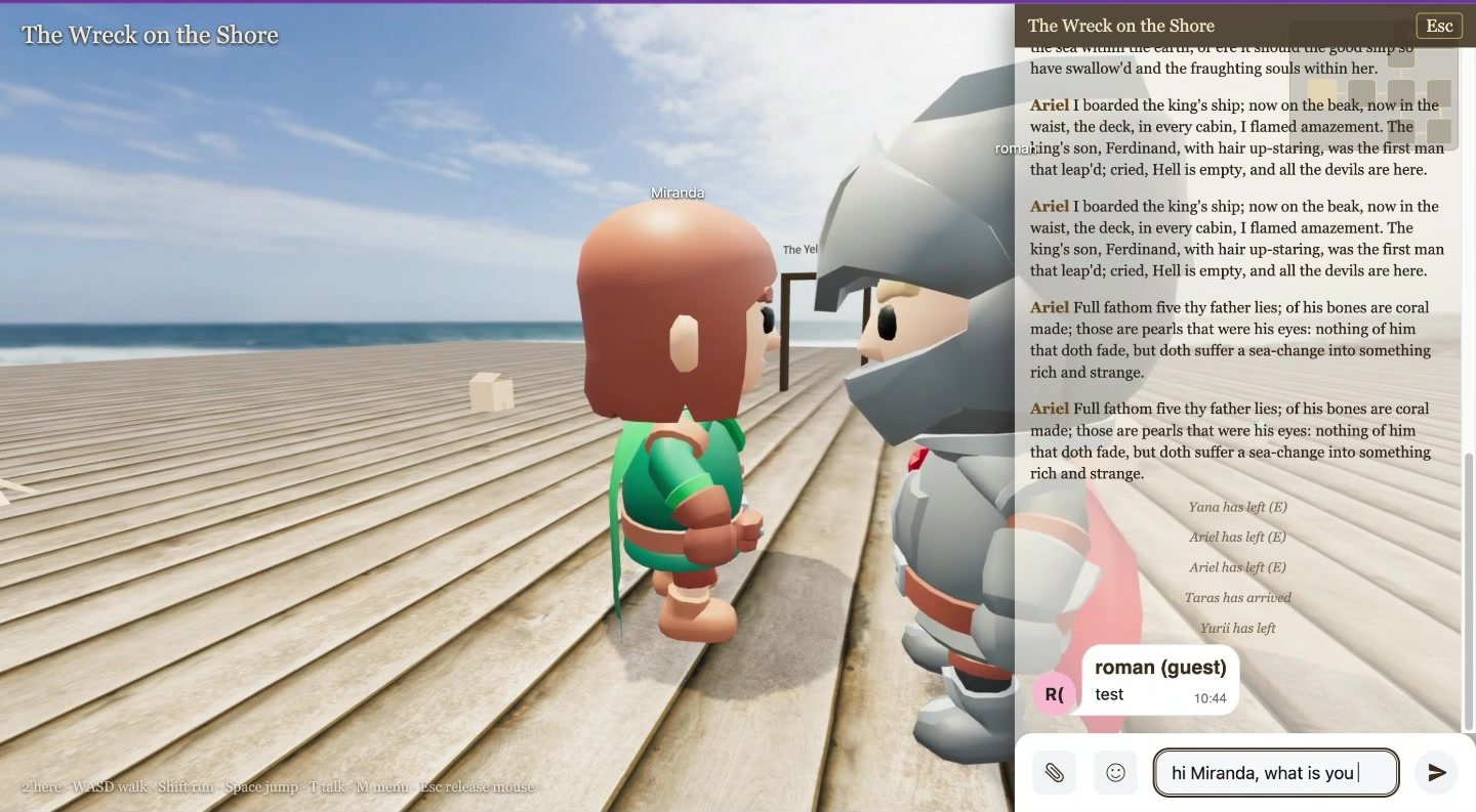 Miranda, an AI character, next to a team member's avatar on the plank floor of The Wreck on the Shore, with Ariel's lines from The Tempest in the chat panel