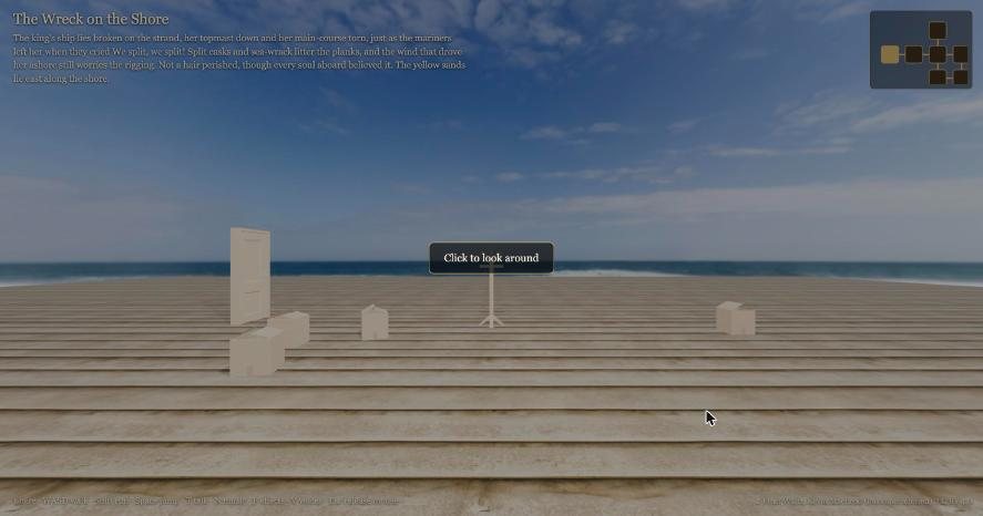 The Wreck on the Shore from The Tempest: a plank floor in front of a sea panorama, with the room description written over the scene