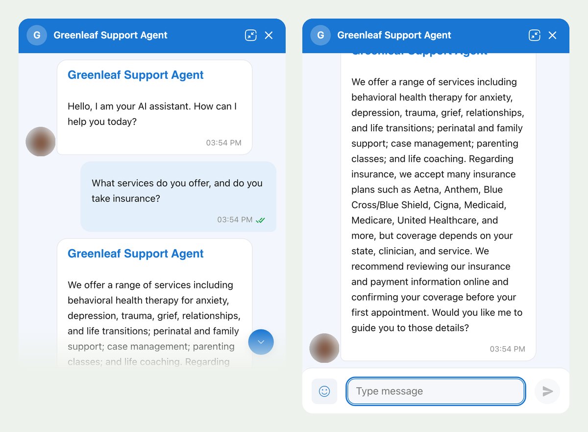 AI support agent conversation on a mental health provider website: a visitor asks about services and insurance