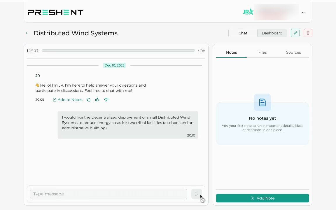 AI workspace with a chat with the AI agent on the left and a Notes, Files and Sources panel on the right