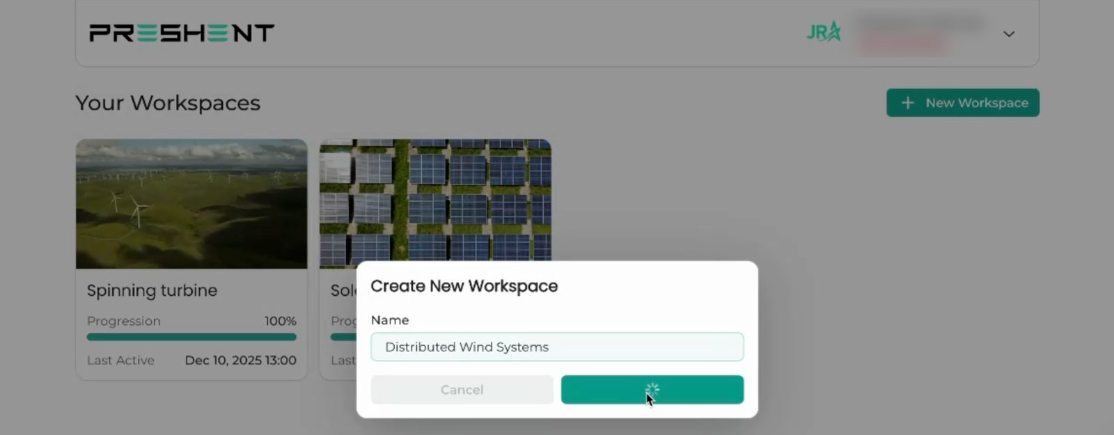 List of AI workspaces with a dialog for creating a new workspace