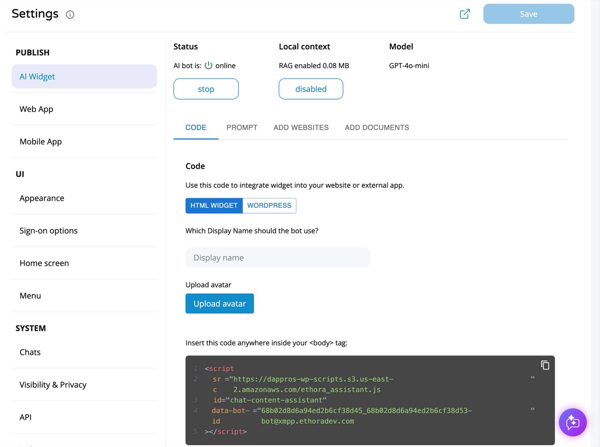 Ethora dashboard: the AI widget embed code, one script tag to paste inside the page body