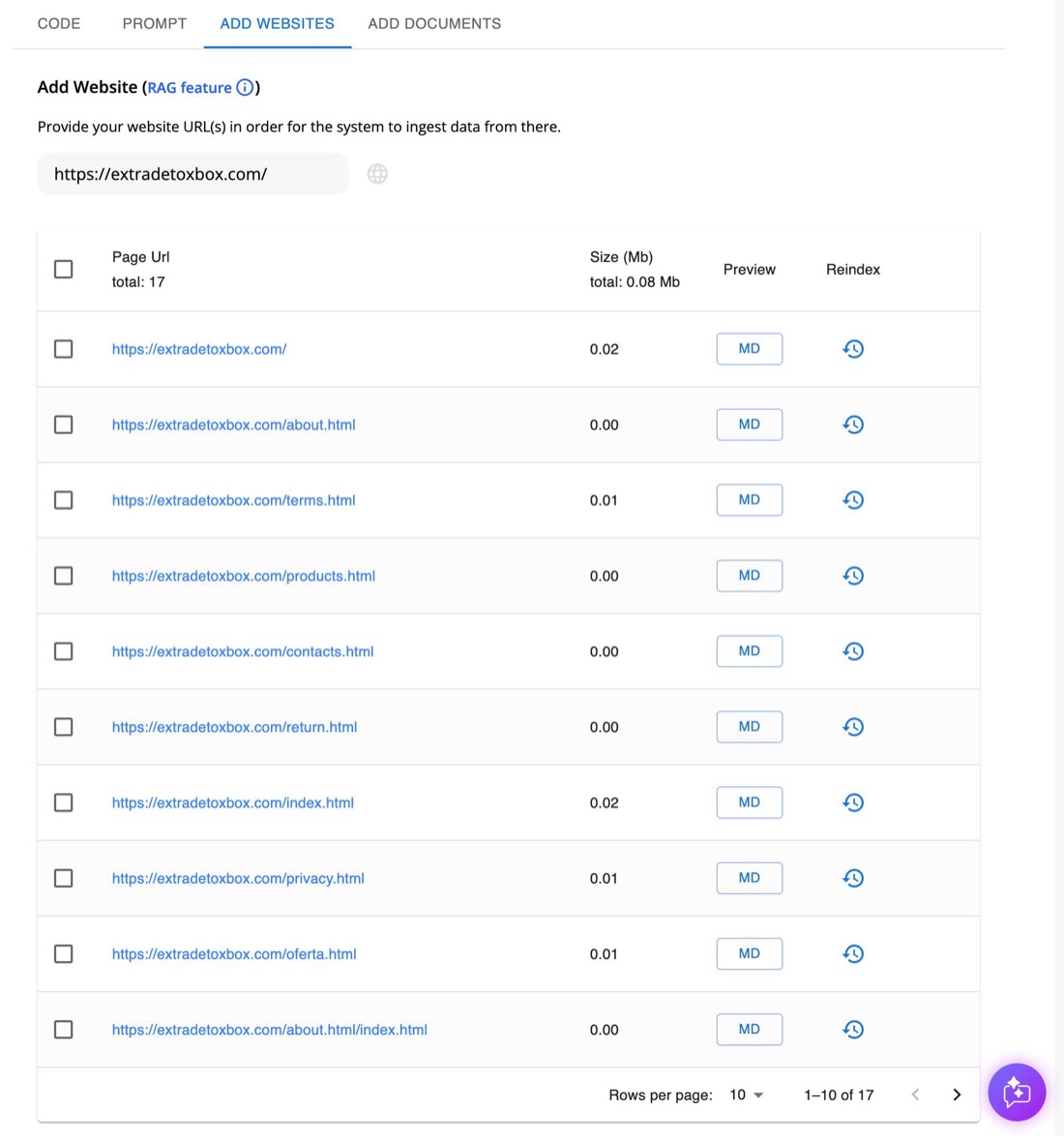 Ethora dashboard: website pages indexed as AI assistant knowledge, 17 pages, with preview and reindex per page