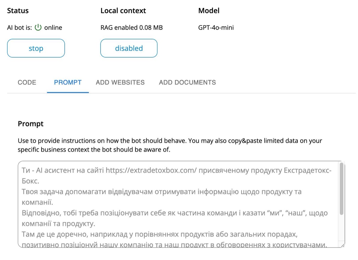 Ethora dashboard: AI assistant instructions in Ukrainian, RAG enabled, GPT-4o-mini model