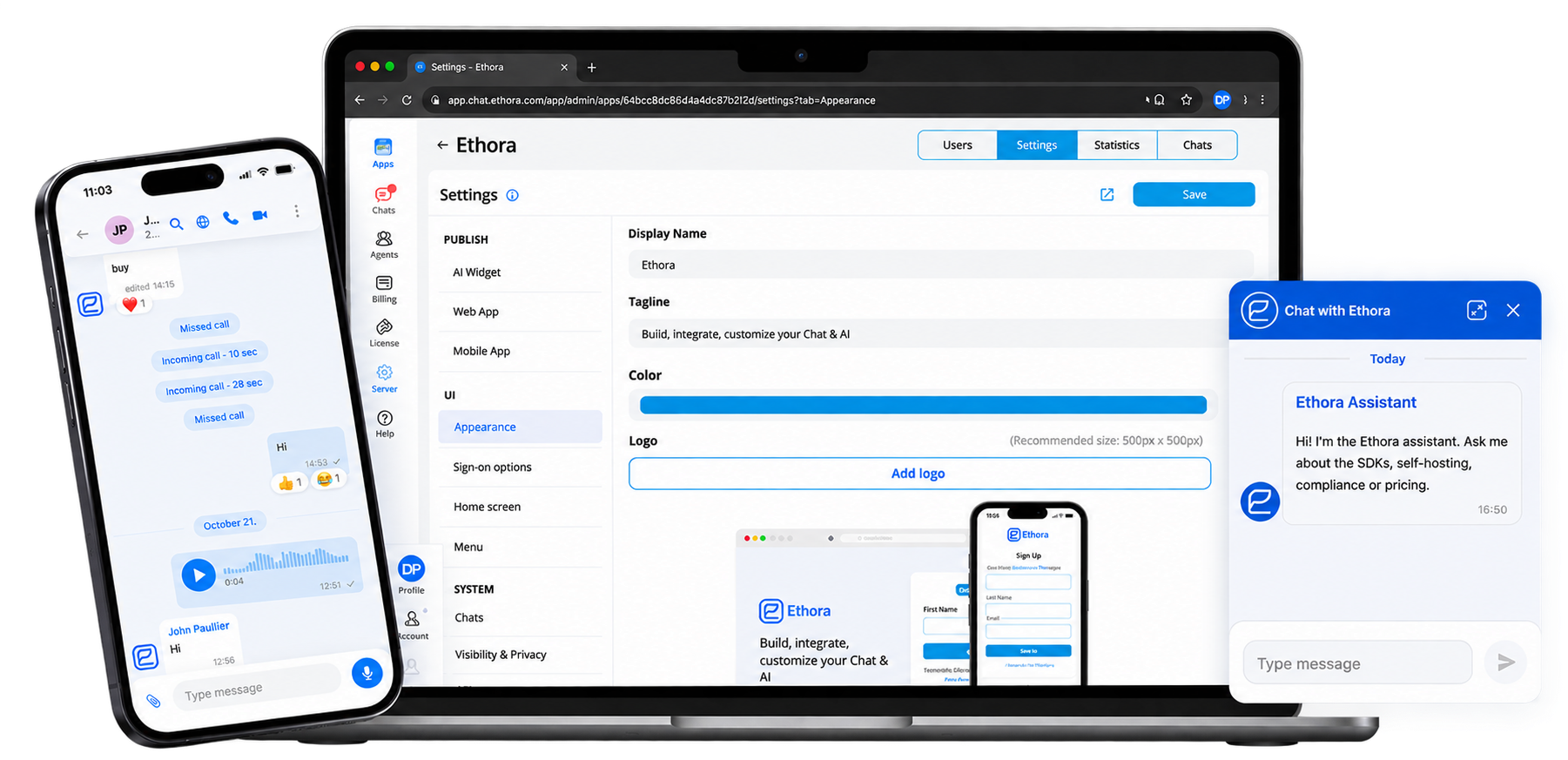Ethora on a phone, the admin panel on a laptop and the AI widget on a website