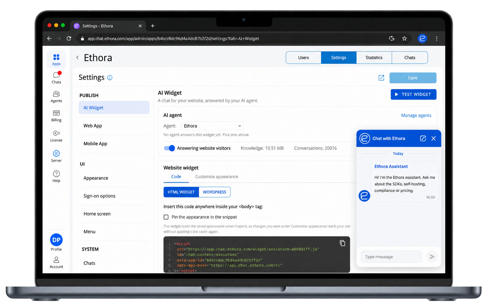 Ethora admin panel on a MacBook: AI widget settings with the embed code and the live chat widget open