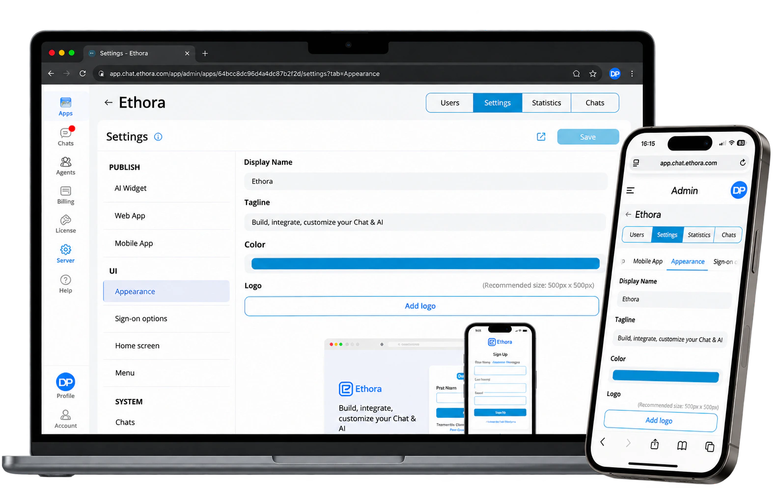 Ethora admin panel on a MacBook and an iPhone: app appearance settings with name, tagline, colour and logo