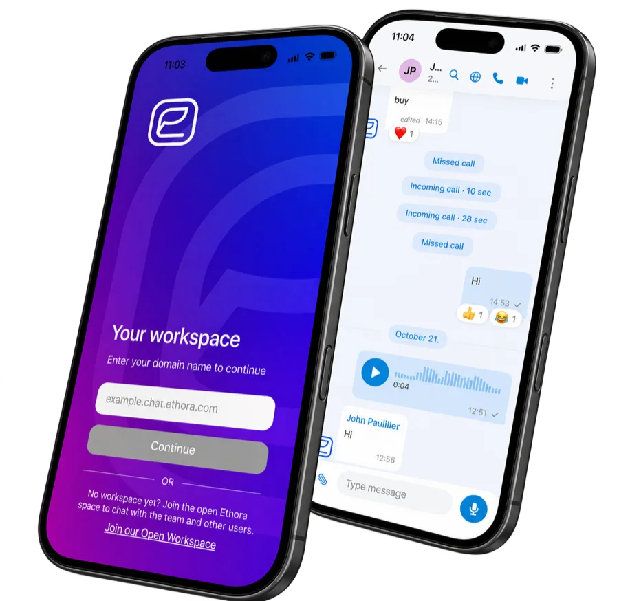 Ethora mobile app on two iPhones: workspace sign-in and a chat with calls, voice messages and reactions