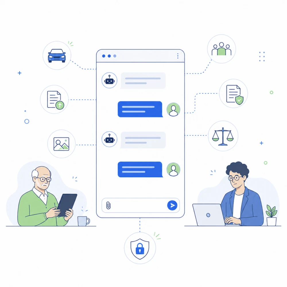 Guided FNOL intake in a secure chat with documents and photos routed to an adjuster