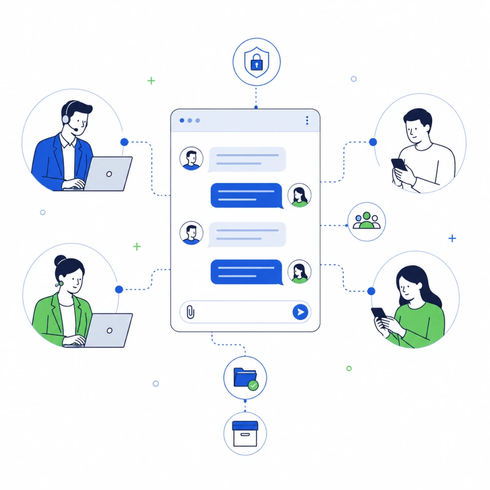 Compliant chat between insurance agents at their desks and customers on mobile
