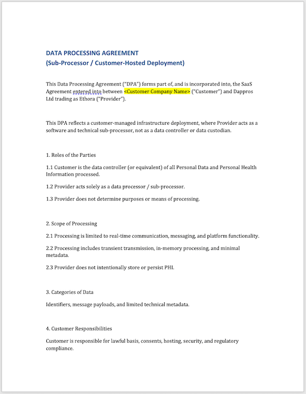 Ethora Data Processing Agreement (DPA) — sub-processor and customer-hosted deployment terms