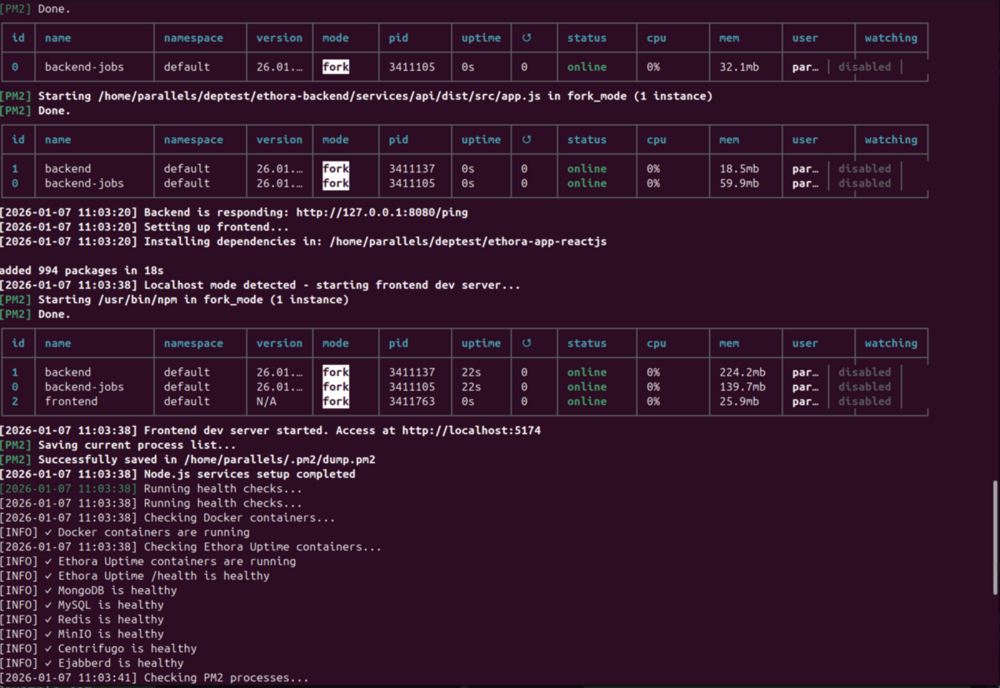 Ethora automated install script deploying backend services with health checks