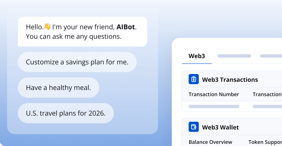 AI bot chat next to a Web3 transactions and wallet dashboard