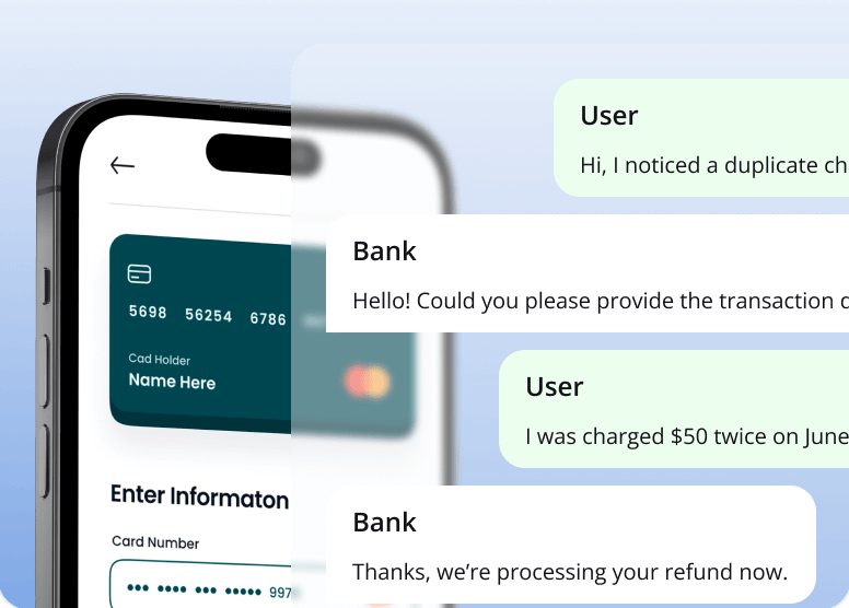 Mobile banking screen with a secure support chat about a refund