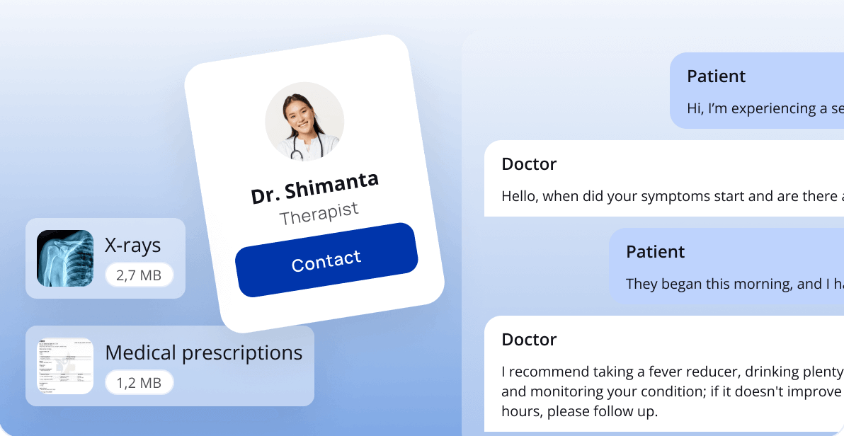 Doctor profile card, medical file attachments and a patient-doctor chat