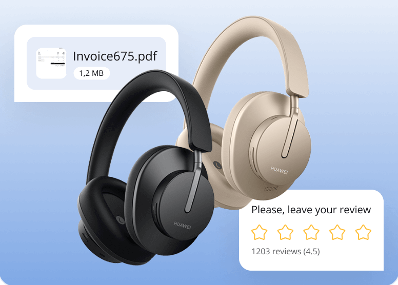 Product photos with an invoice attachment and a review request in chat