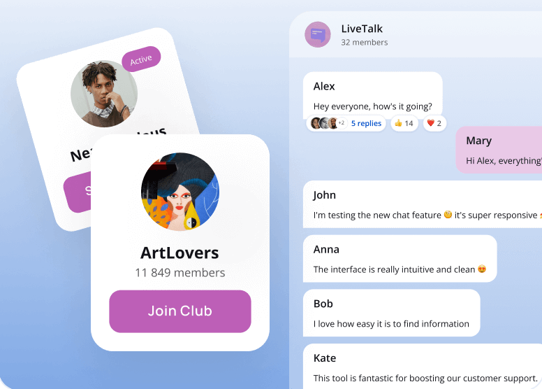 Community club cards and a group chat with member replies