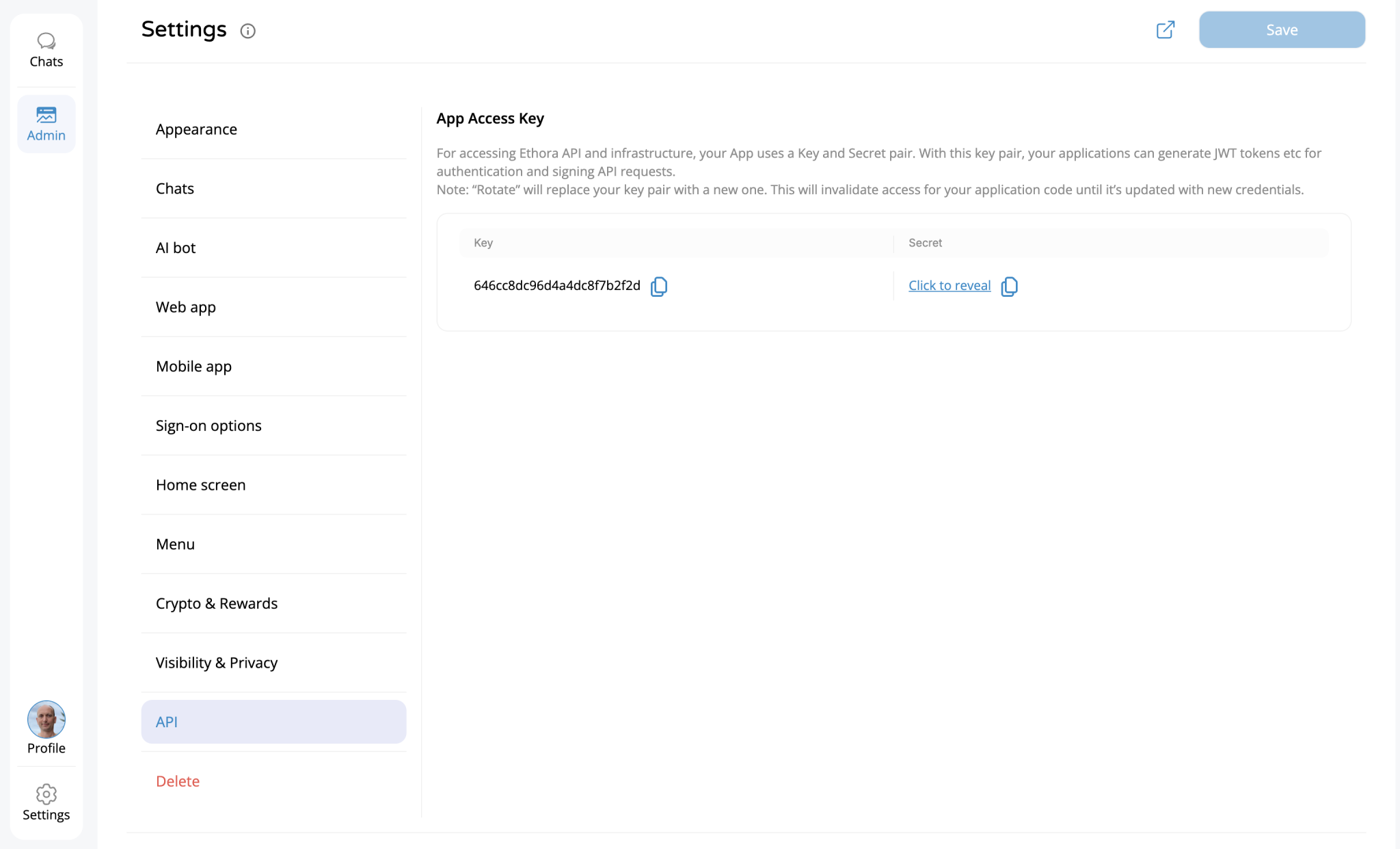 The API section of the Ethora Admin panel, where an App&rsquo;s API credentials are created and retrieved