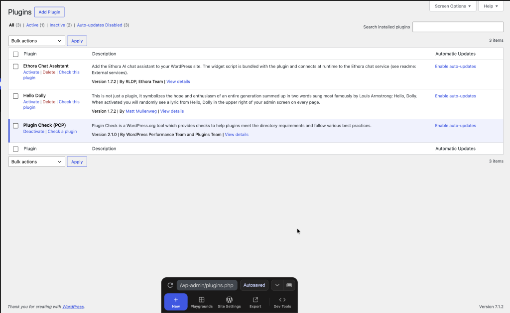 Ethora Chat Assistant listed in the WordPress Plugins screen, version 1.7.2