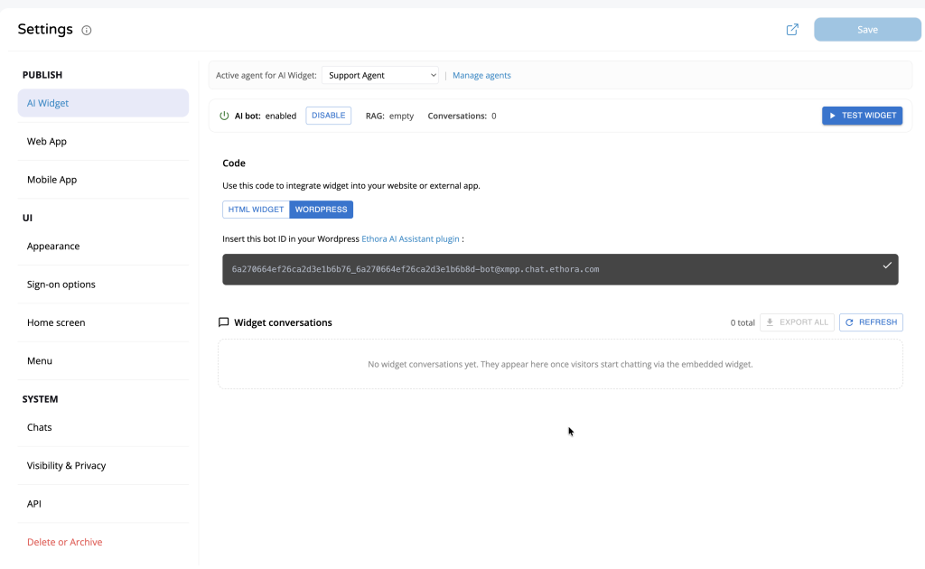 Ethora admin AI Widget settings, showing the WordPress Bot ID field to copy