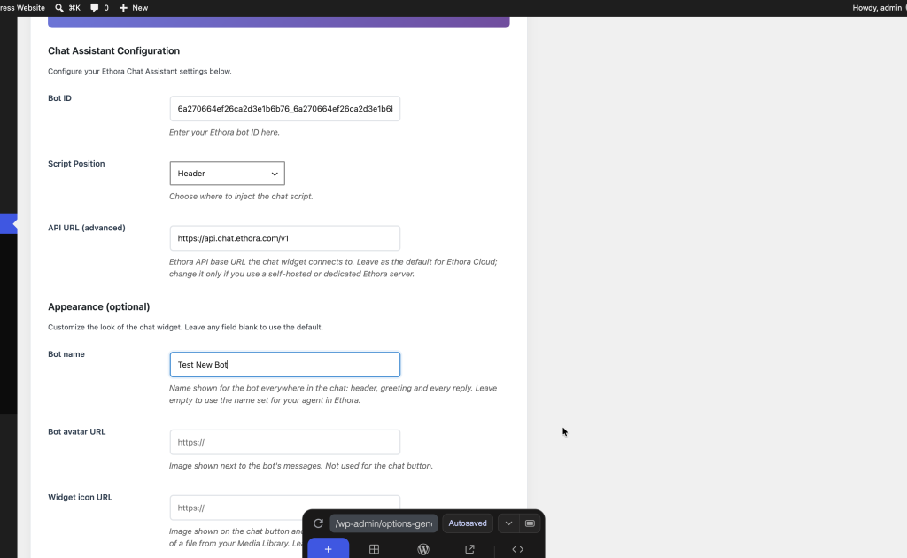 Ethora Chat Assistant plugin settings page with Bot ID, Script Position and Appearance fields