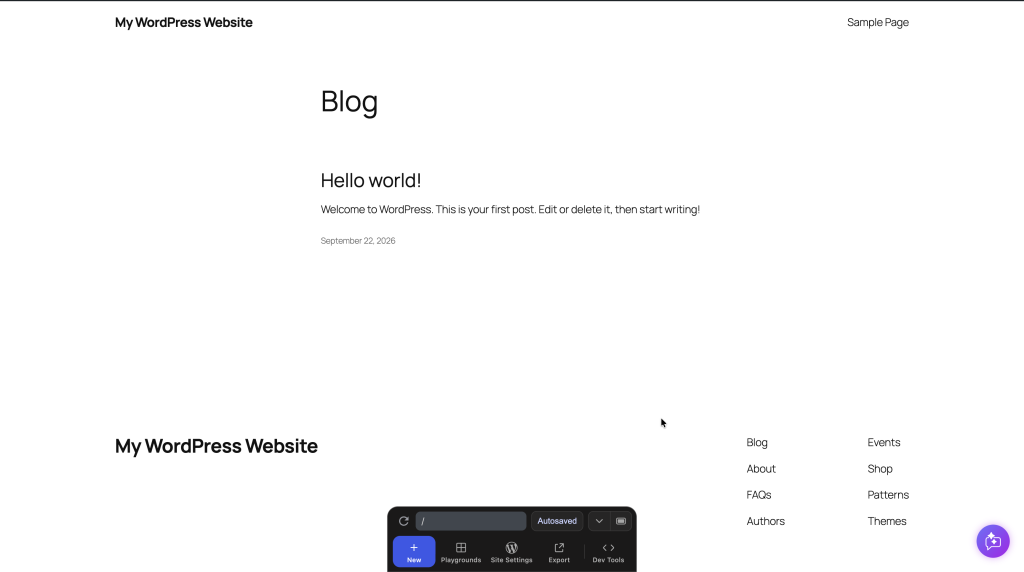 WordPress blog page with the site live, before the chat widget is opened