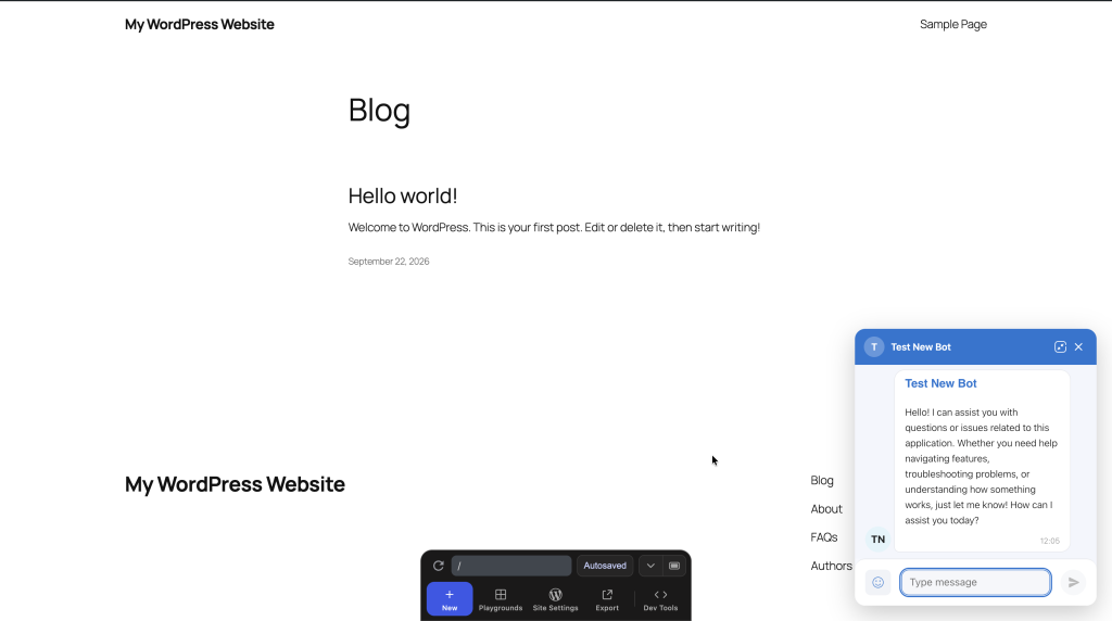 The chat widget open on the WordPress site, showing the bot's greeting message