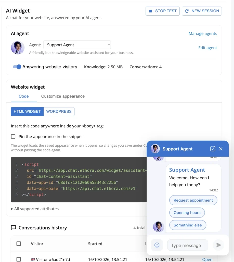 Ethora AI Widget settings: the AI agent, the embed code with HTML and WordPress options, and a live preview of the chat widget